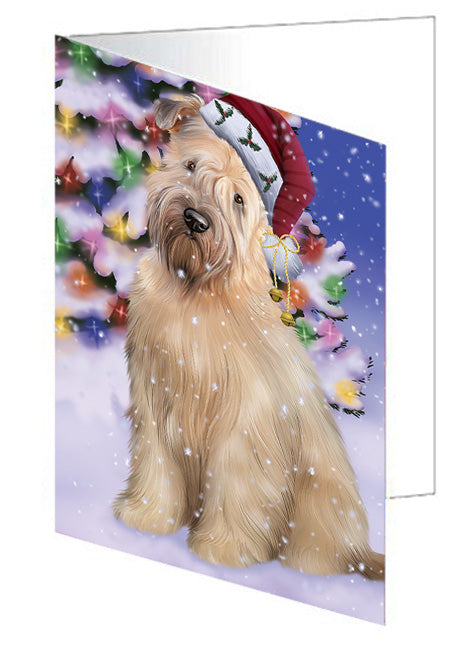 Winterland Wonderland Wheaten Terrier Dog In Christmas Holiday Scenic Background Handmade Artwork Assorted Pets Greeting Cards and Note Cards with Envelopes for All Occasions and Holiday Seasons GCD65387