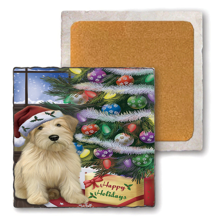 Christmas Happy Holidays Wheaten Terrier Dog with Tree and Presents Set of 4 Natural Stone Marble Tile Coasters MCST48478