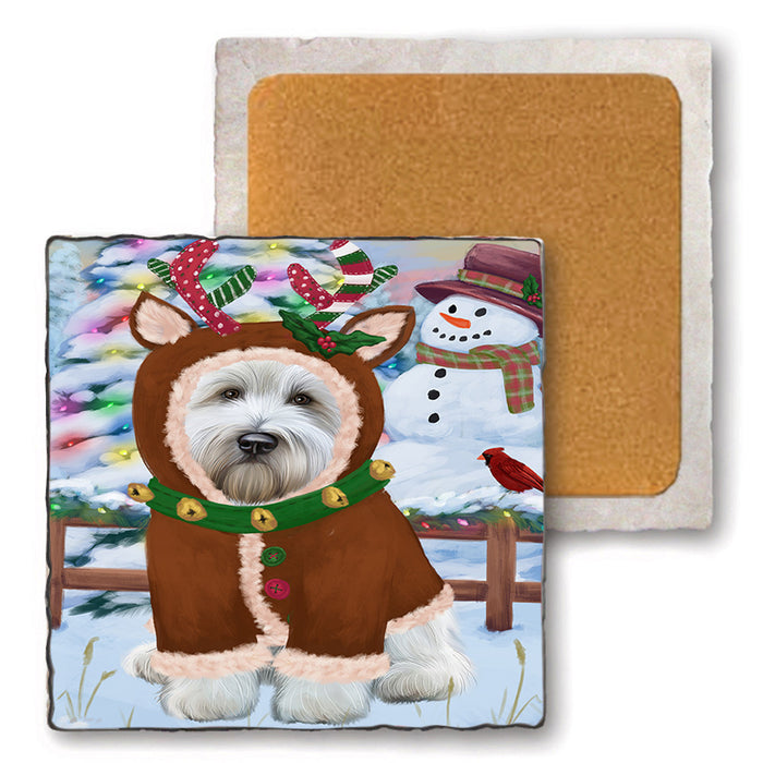 Christmas Gingerbread House Candyfest Wheaten Terrier Dog Set of 4 Natural Stone Marble Tile Coasters MCST51597