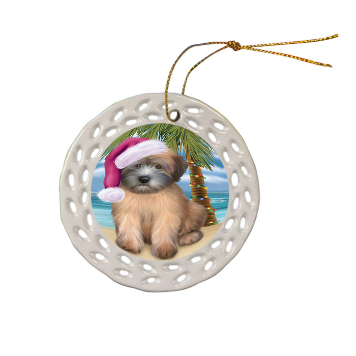 Summertime Happy Holidays Christmas Wheaten Terrier Dog on Tropical Island Beach Ceramic Doily Ornament DPOR54594