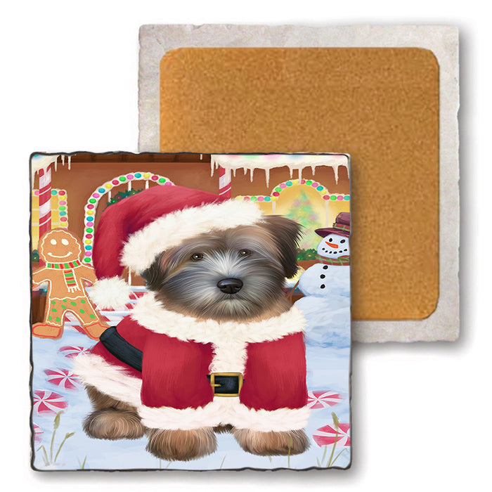 Christmas Gingerbread House Candyfest Wheaten Terrier Dog Set of 4 Natural Stone Marble Tile Coasters MCST51598