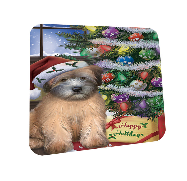 Christmas Happy Holidays Wheaten Terrier Dog with Tree and Presents Coasters Set of 4 CST53437