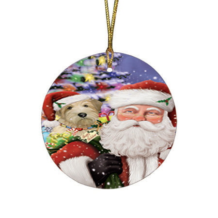 Santa Carrying Wheaten Terrier Dog and Christmas Presents Round Flat Christmas Ornament RFPOR53700