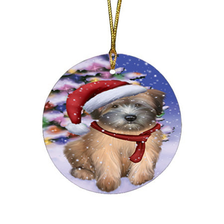 Winterland Wonderland Wheaten Terrier Dog In Christmas Holiday Scenic Background Round Flat Christmas Ornament RFPOR53778