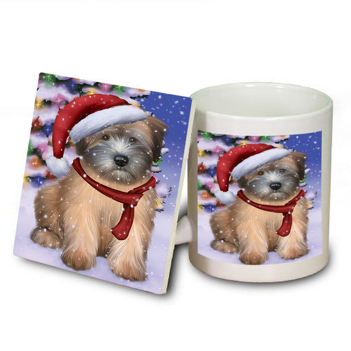 Winterland Wonderland Wheaten Terrier Dog In Christmas Holiday Scenic Background Mug and Coaster Set MUC53779