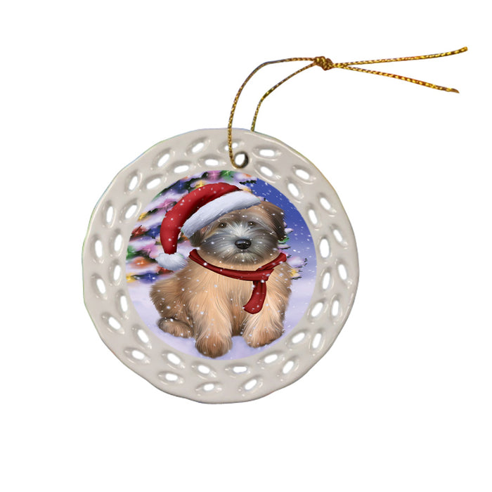 Winterland Wonderland Wheaten Terrier Dog In Christmas Holiday Scenic Background Ceramic Doily Ornament DPOR53787