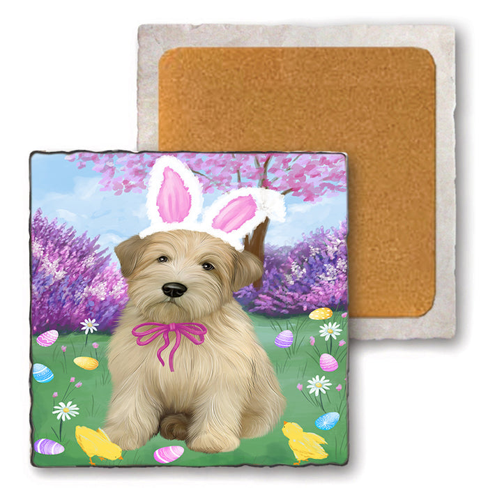 Easter Holiday Wheaten Terrier Dog Set of 4 Natural Stone Marble Tile Coasters MCST51953