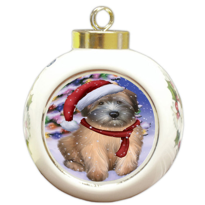 Winterland Wonderland Wheaten Terrier Dog In Christmas Holiday Scenic Background Round Ball Christmas Ornament RBPOR53787