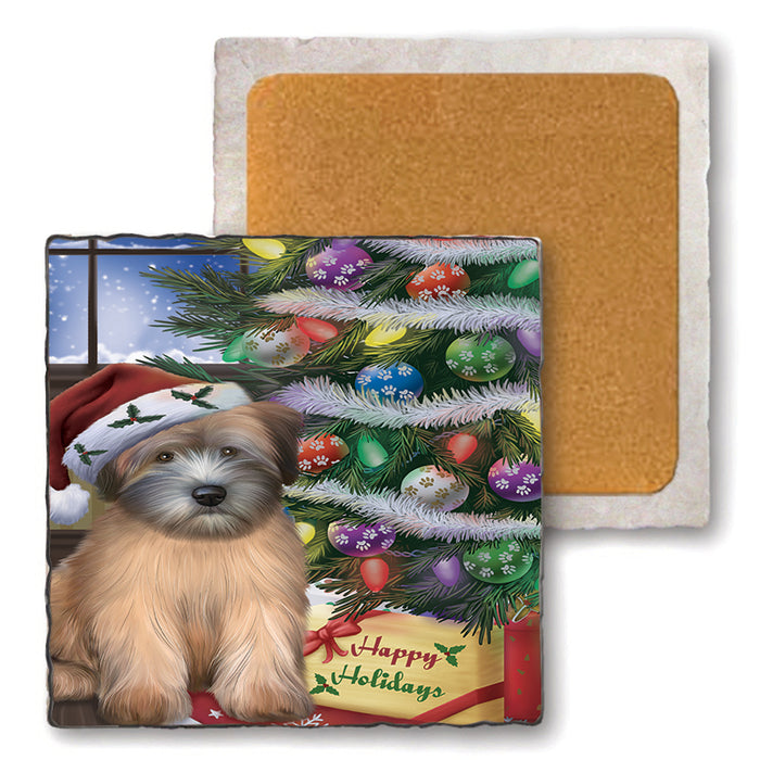 Christmas Happy Holidays Wheaten Terrier Dog with Tree and Presents Set of 4 Natural Stone Marble Tile Coasters MCST48479