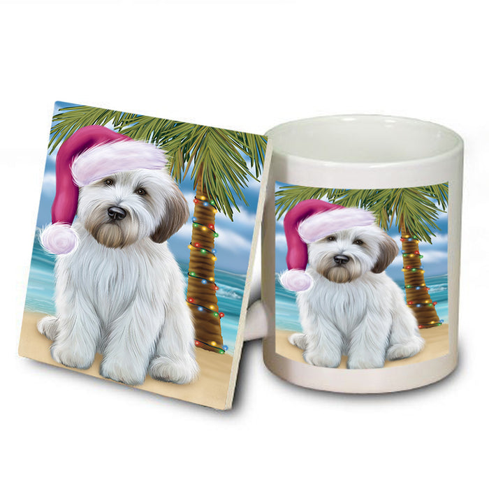 Summertime Happy Holidays Christmas Wheaten Terrier Dog on Tropical Island Beach Mug and Coaster Set MUC54459