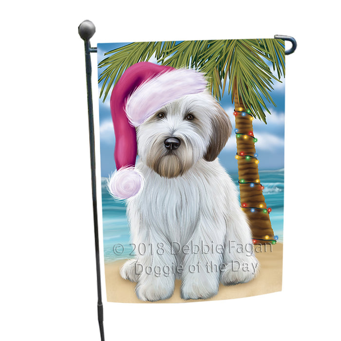 Summertime Happy Holidays Christmas Wheaten Terrier Dog on Tropical Island Beach Garden Flag GFLG54657