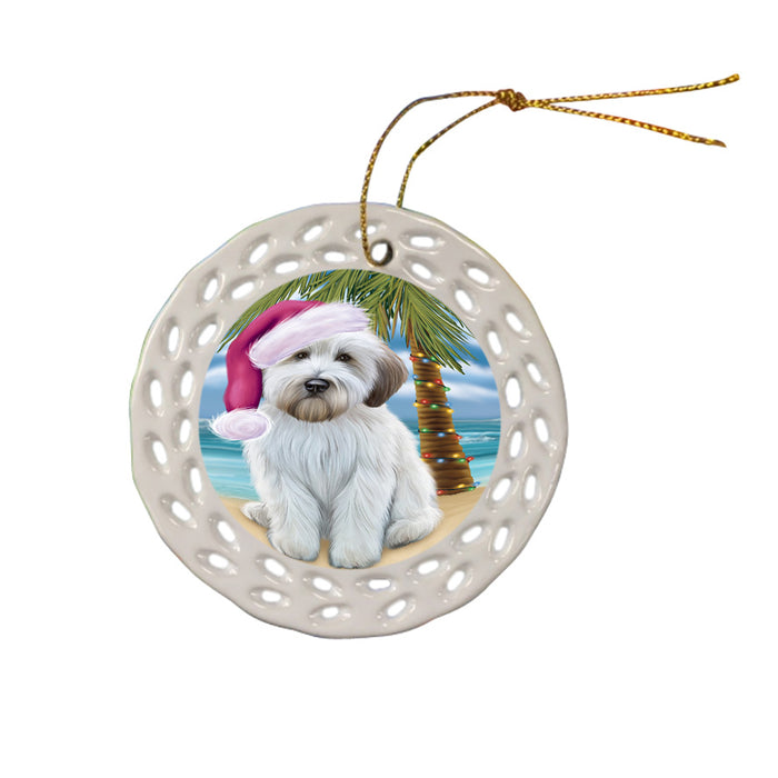 Summertime Happy Holidays Christmas Wheaten Terrier Dog on Tropical Island Beach Ceramic Doily Ornament DPOR54595
