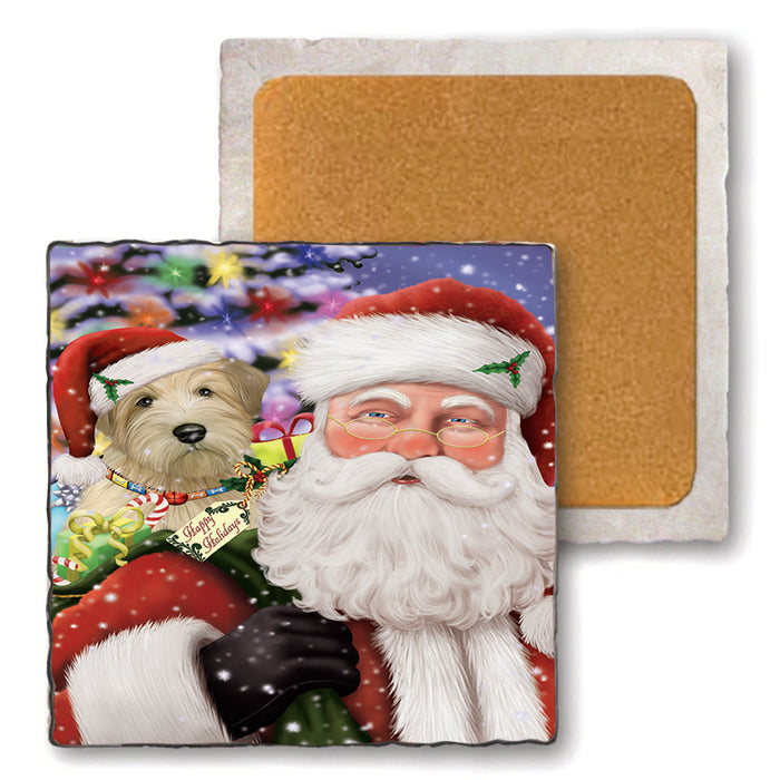 Santa Carrying Wheaten Terrier Dog and Christmas Presents Set of 4 Natural Stone Marble Tile Coasters MCST48709