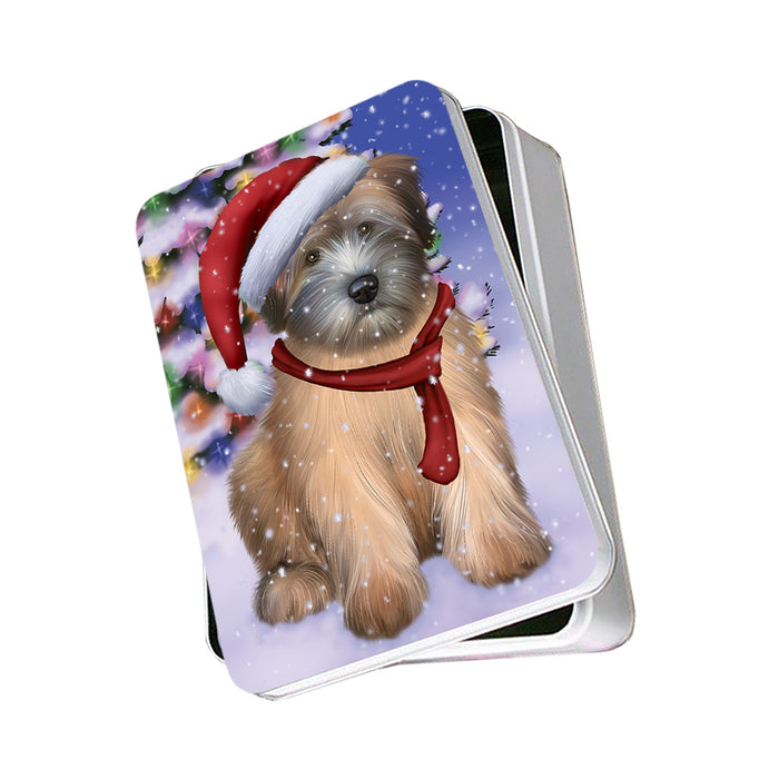 Winterland Wonderland Wheaten Terrier Dog In Christmas Holiday Scenic Background Photo Storage Tin PITN53730