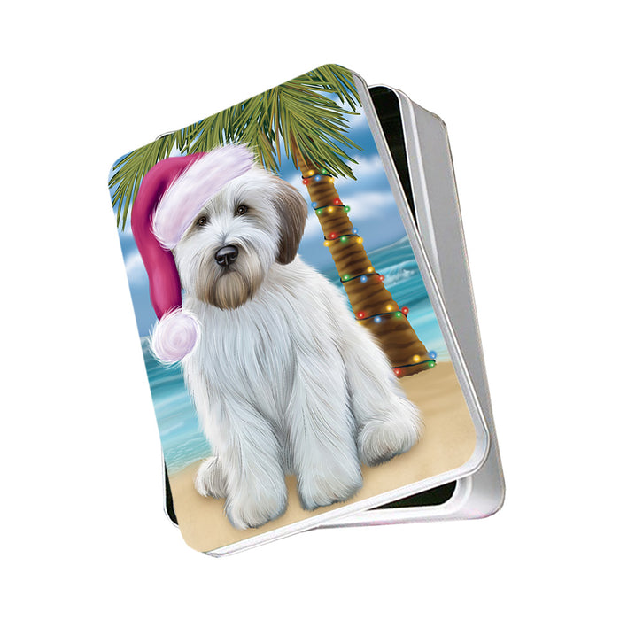 Summertime Happy Holidays Christmas Wheaten Terrier Dog on Tropical Island Beach Photo Storage Tin PITN54410