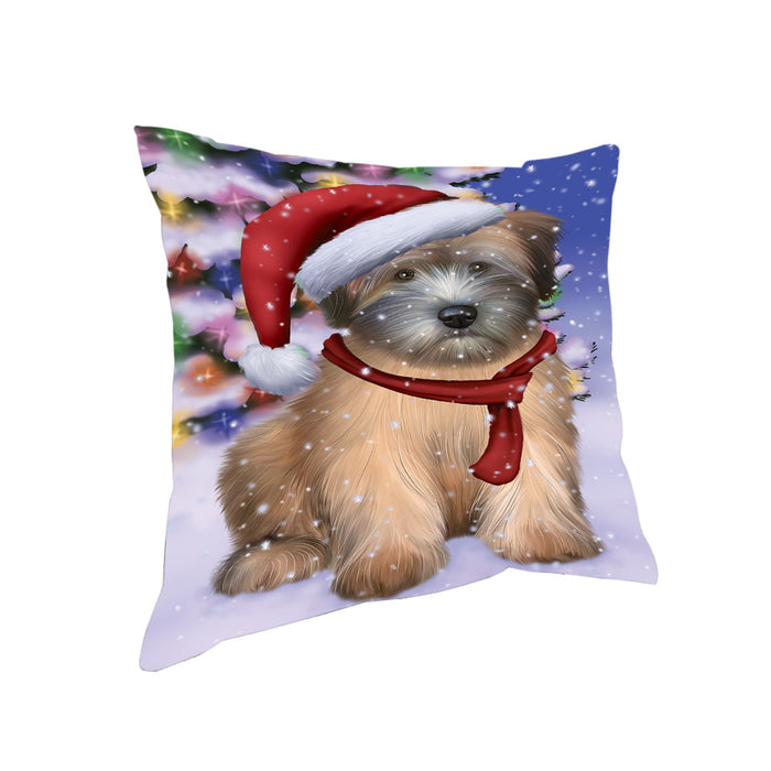 Winterland Wonderland Wheaten Terrier Dog In Christmas Holiday Scenic Background Pillow PIL71772
