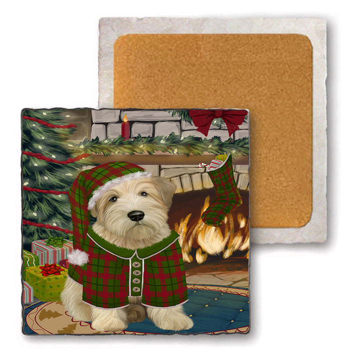 The Stocking was Hung Wheaten Terrier Dog Set of 4 Natural Stone Marble Tile Coasters MCST50660