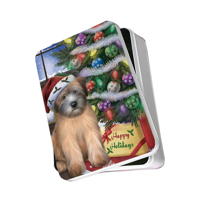 Christmas Happy Holidays Wheaten Terrier Dog with Tree and Presents Photo Storage Tin PITN53479