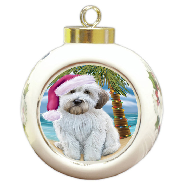 Summertime Happy Holidays Christmas Wheaten Terrier Dog on Tropical Island Beach Round Ball Christmas Ornament RBPOR54595