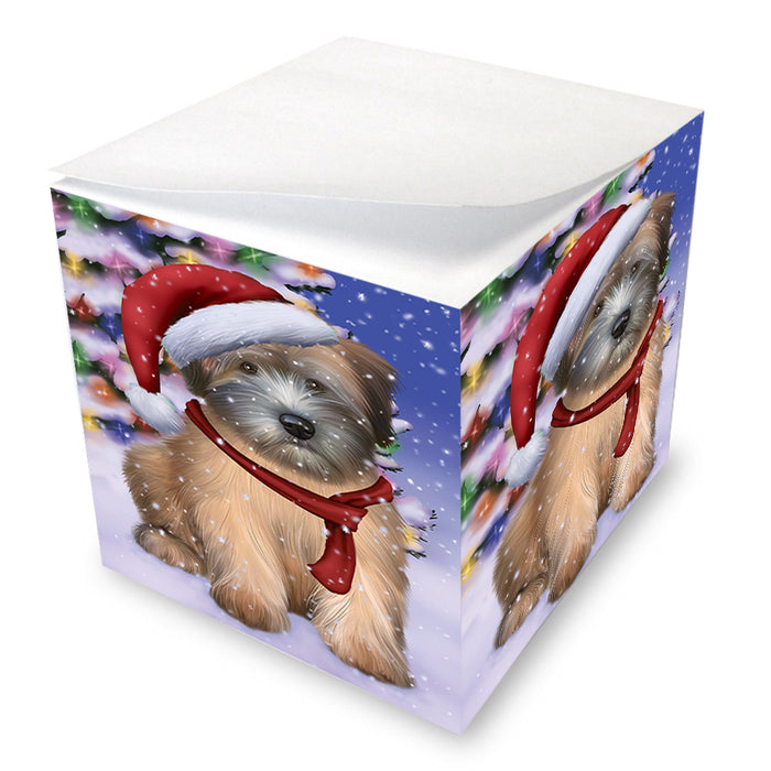 Winterland Wonderland Wheaten Terrier Dog In Christmas Holiday Scenic Background Note Cube NOC55433