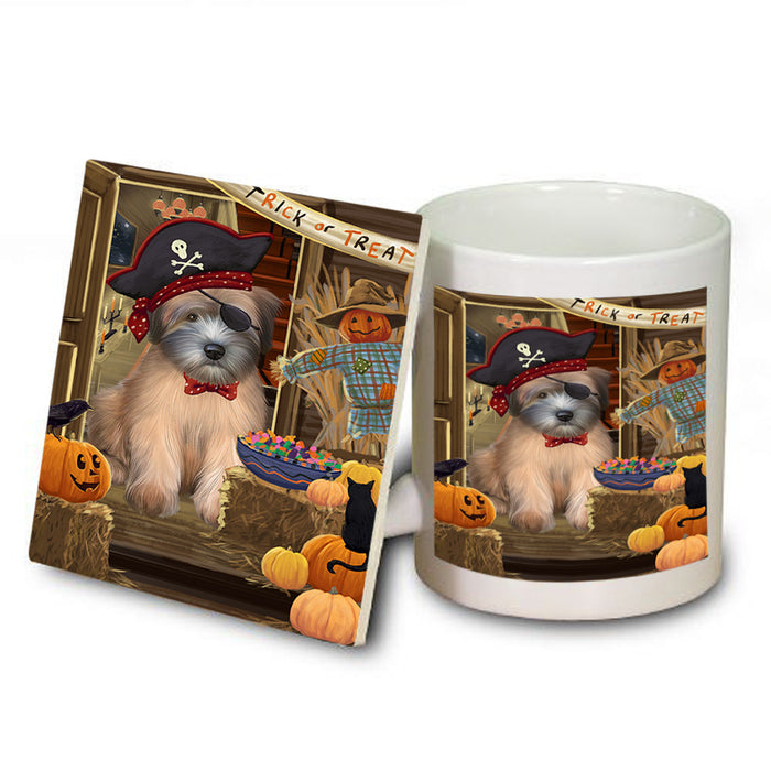 Enter at Own Risk Trick or Treat Halloween Wheaten Terrier Dog Mug and Coaster Set MUC53333