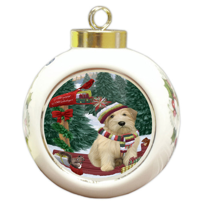 Merry Christmas Woodland Sled Wheaten Terrier Dog Round Ball Christmas Ornament RBPOR55427