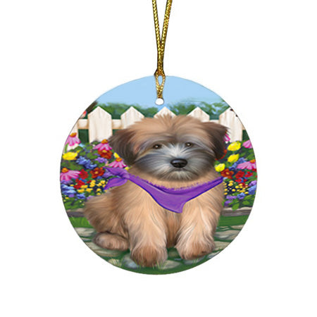 Spring Floral Wheaten Terrier Dog Round Flat Christmas Ornament RFPOR52275