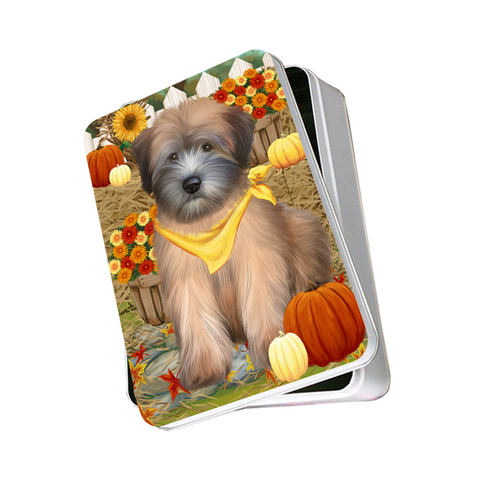 Fall Autumn Greeting Wheaten Terrier Dog with Pumpkins Photo Storage Tin PITN52355