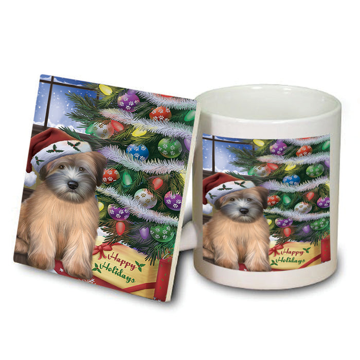 Christmas Happy Holidays Wheaten Terrier Dog with Tree and Presents Mug and Coaster Set MUC53471