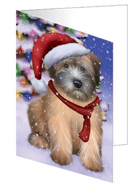 Winterland Wonderland Wheaten Terrier Dog In Christmas Holiday Scenic Background Handmade Artwork Assorted Pets Greeting Cards and Note Cards with Envelopes for All Occasions and Holiday Seasons GCD65390