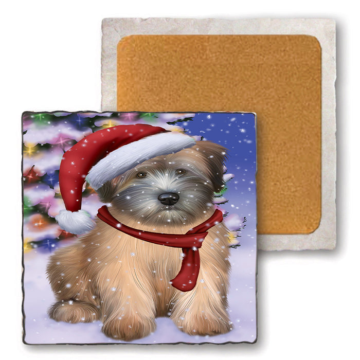 Winterland Wonderland Wheaten Terrier Dog In Christmas Holiday Scenic Background Set of 4 Natural Stone Marble Tile Coasters MCST48787