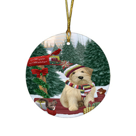 Merry Christmas Woodland Sled Wheaten Terrier Dog Round Flat Christmas Ornament RFPOR55427