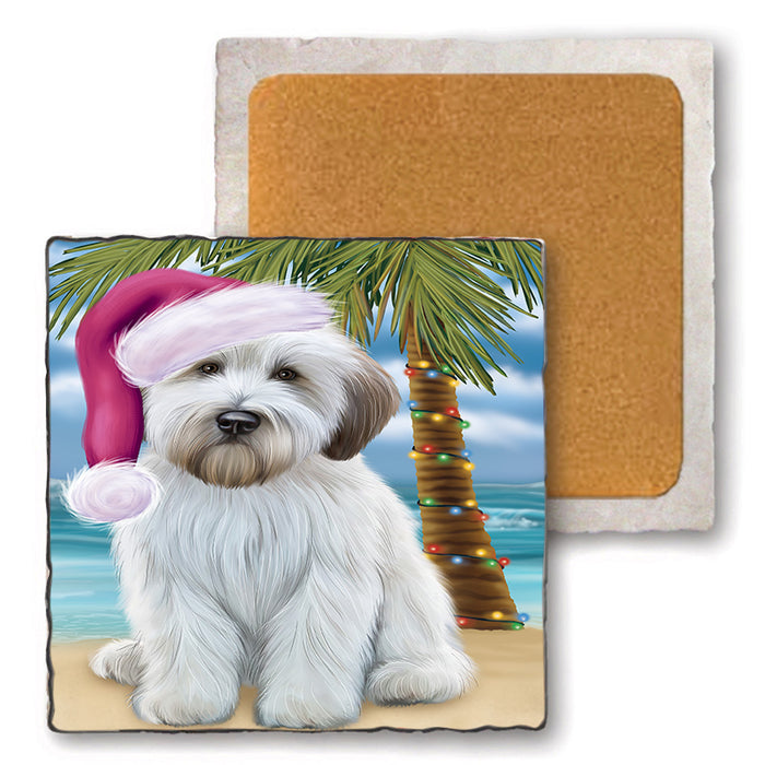 Summertime Happy Holidays Christmas Wheaten Terrier Dog on Tropical Island Beach Set of 4 Natural Stone Marble Tile Coasters MCST49467