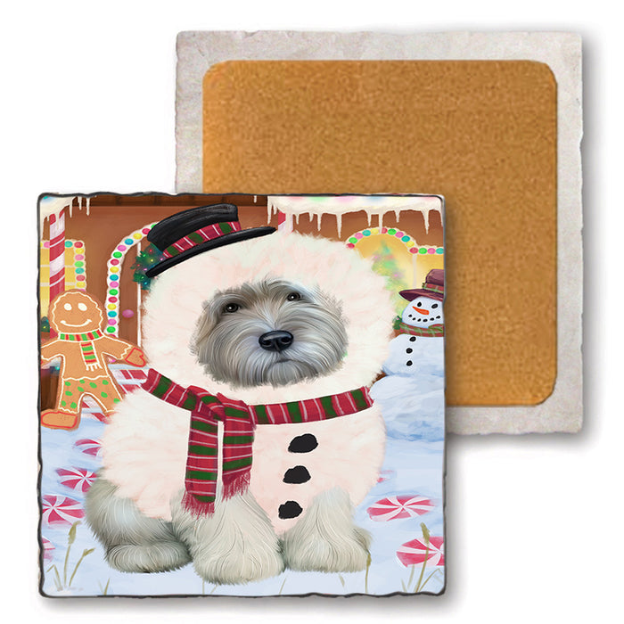 Christmas Gingerbread House Candyfest Wheaten Terrier Dog Set of 4 Natural Stone Marble Tile Coasters MCST51599