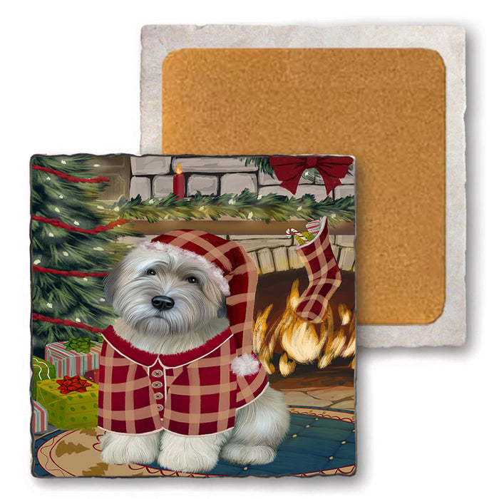 The Stocking was Hung Wheaten Terrier Dog Set of 4 Natural Stone Marble Tile Coasters MCST50661