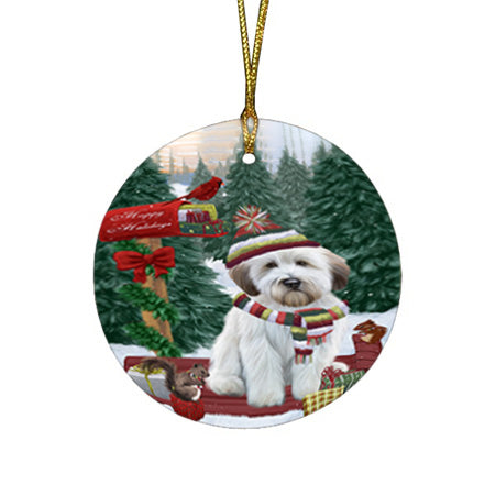 Merry Christmas Woodland Sled Wheaten Terrier Dog Round Flat Christmas Ornament RFPOR55428