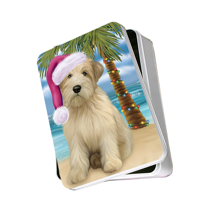 Summertime Happy Holidays Christmas Wheaten Terrier Dog on Tropical Island Beach Photo Storage Tin PITN54411