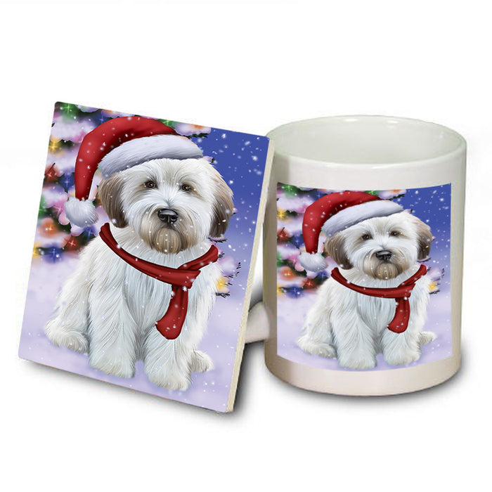 Winterland Wonderland Wheaten Terrier Dog In Christmas Holiday Scenic Background Mug and Coaster Set MUC53780