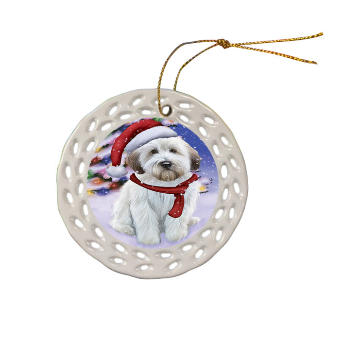 Winterland Wonderland Wheaten Terrier Dog In Christmas Holiday Scenic Background Ceramic Doily Ornament DPOR53788