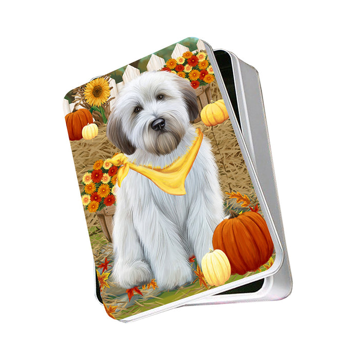 Fall Autumn Greeting Wheaten Terrier Dog with Pumpkins Photo Storage Tin PITN52356