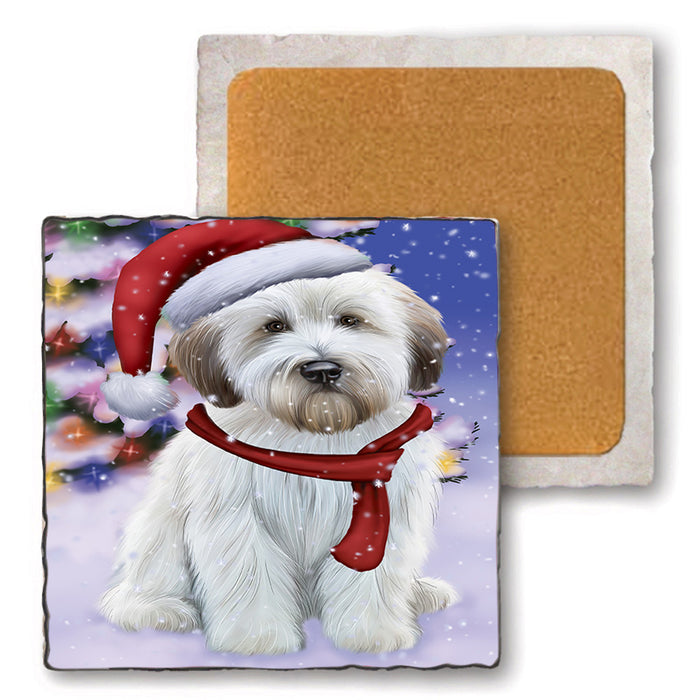 Winterland Wonderland Wheaten Terrier Dog In Christmas Holiday Scenic Background Set of 4 Natural Stone Marble Tile Coasters MCST48788