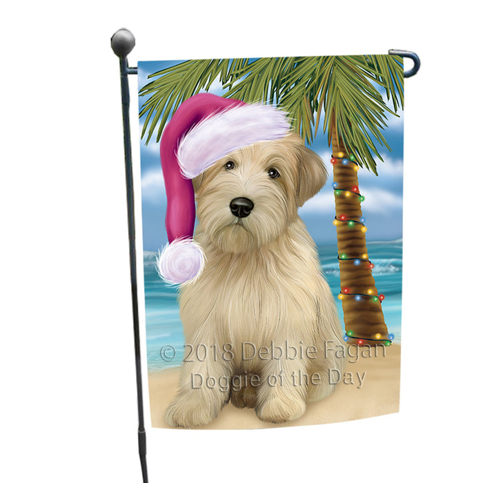 Summertime Happy Holidays Christmas Wheaten Terrier Dog on Tropical Island Beach Garden Flag GFLG54658