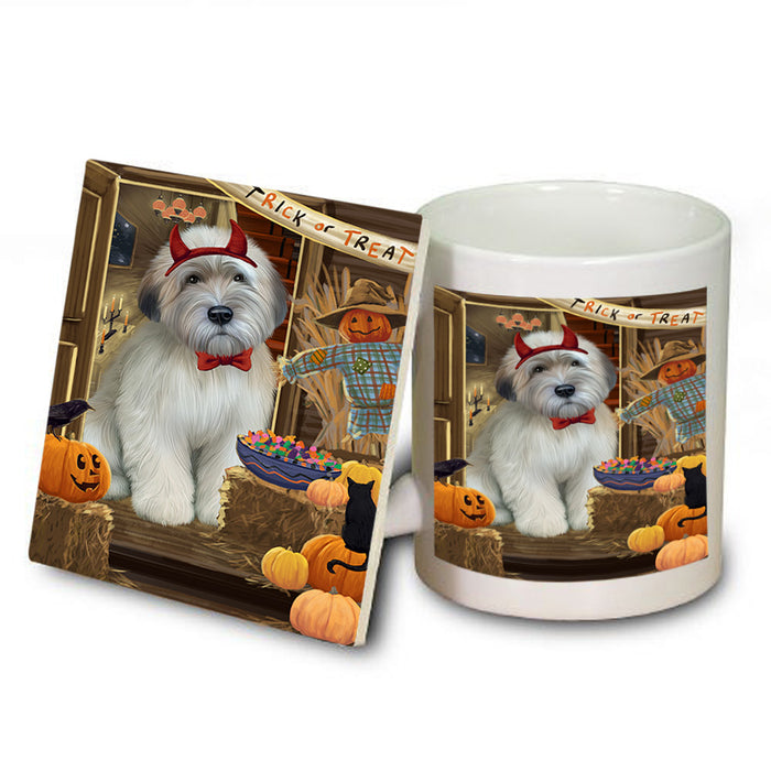 Enter at Own Risk Trick or Treat Halloween Wheaten Terrier Dog Mug and Coaster Set MUC53334