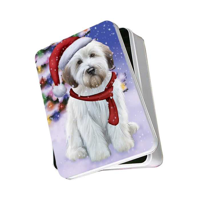 Winterland Wonderland Wheaten Terrier Dog In Christmas Holiday Scenic Background Photo Storage Tin PITN53731
