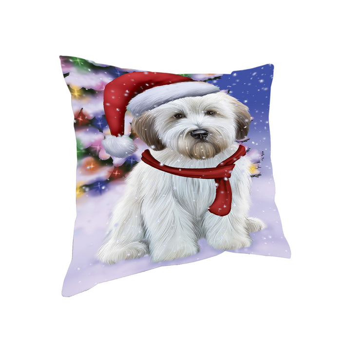Winterland Wonderland Wheaten Terrier Dog In Christmas Holiday Scenic Background Pillow PIL71776