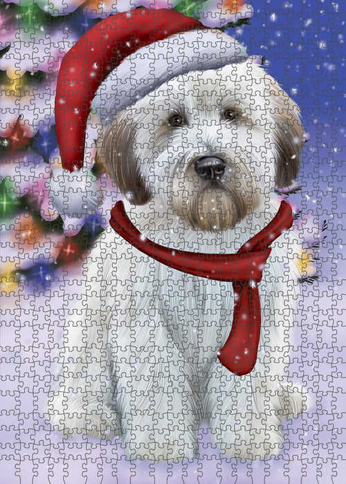 Winterland Wonderland Wheaten Terrier Dog In Christmas Holiday Scenic Background Puzzle with Photo Tin PUZL82308
