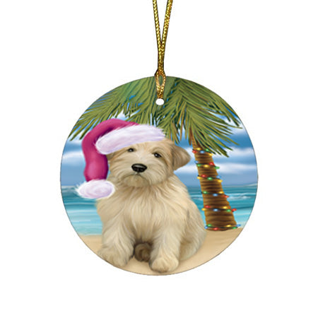 Summertime Happy Holidays Christmas Wheaten Terrier Dog on Tropical Island Beach Round Flat Christmas Ornament RFPOR54587