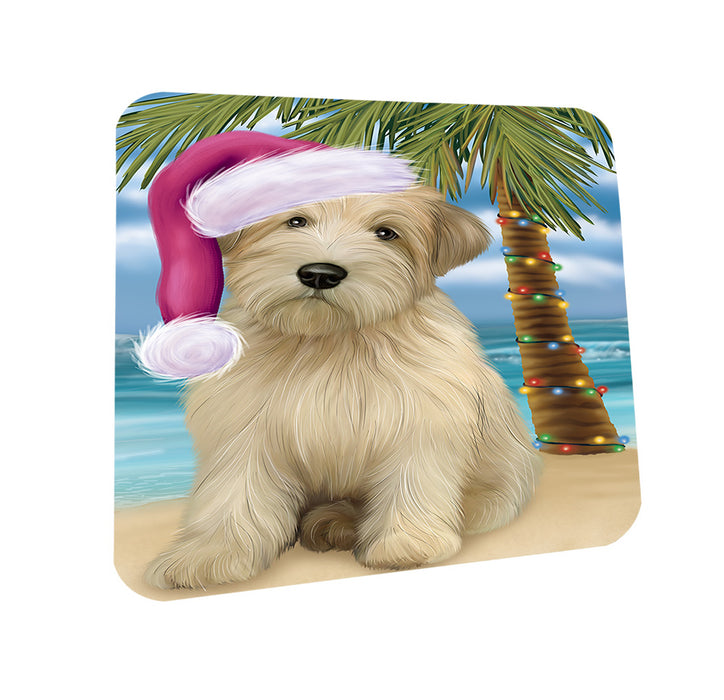 Summertime Happy Holidays Christmas Wheaten Terrier Dog on Tropical Island Beach Coasters Set of 4 CST54426