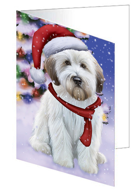 Winterland Wonderland Wheaten Terrier Dog In Christmas Holiday Scenic Background Handmade Artwork Assorted Pets Greeting Cards and Note Cards with Envelopes for All Occasions and Holiday Seasons GCD65393