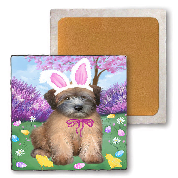 Easter Holiday Wheaten Terrier Dog Set of 4 Natural Stone Marble Tile Coasters MCST51954